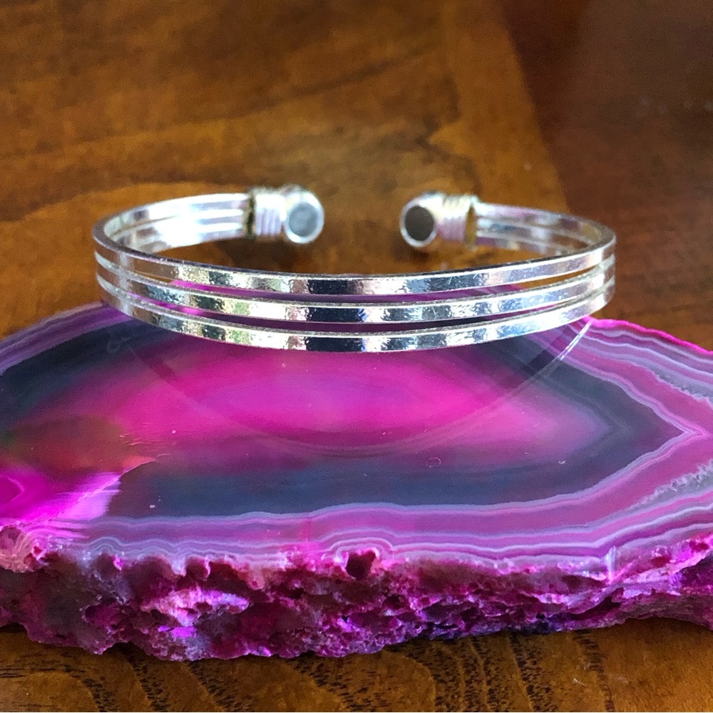 Triple bar silver plated magnetic cuff bracelet